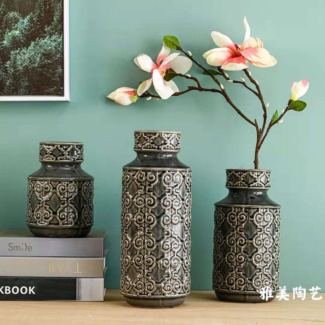 批发三件套陶瓷花瓶客厅插花复古花纹欧式工艺品陶瓷摆件厂家直销