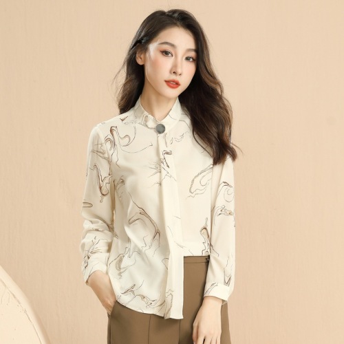 Baizi 2021 Autumn New Style Light Mature Female Wear Korean Style Printed Stand Collar Big Gold Buckle chiffon Shirt Female 91285