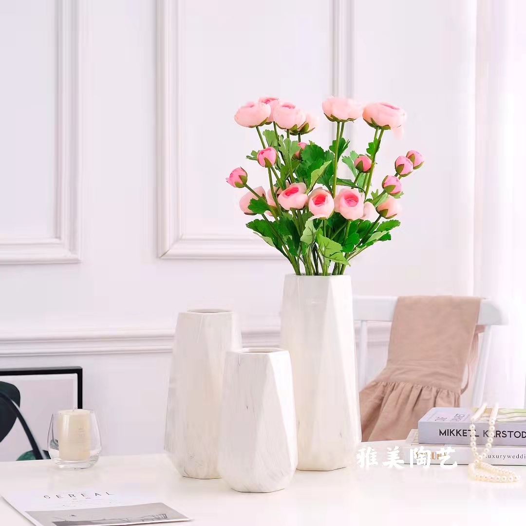 简约现代INS风大理石纹陶瓷花瓶三件套花器摆件花插花店资材储水