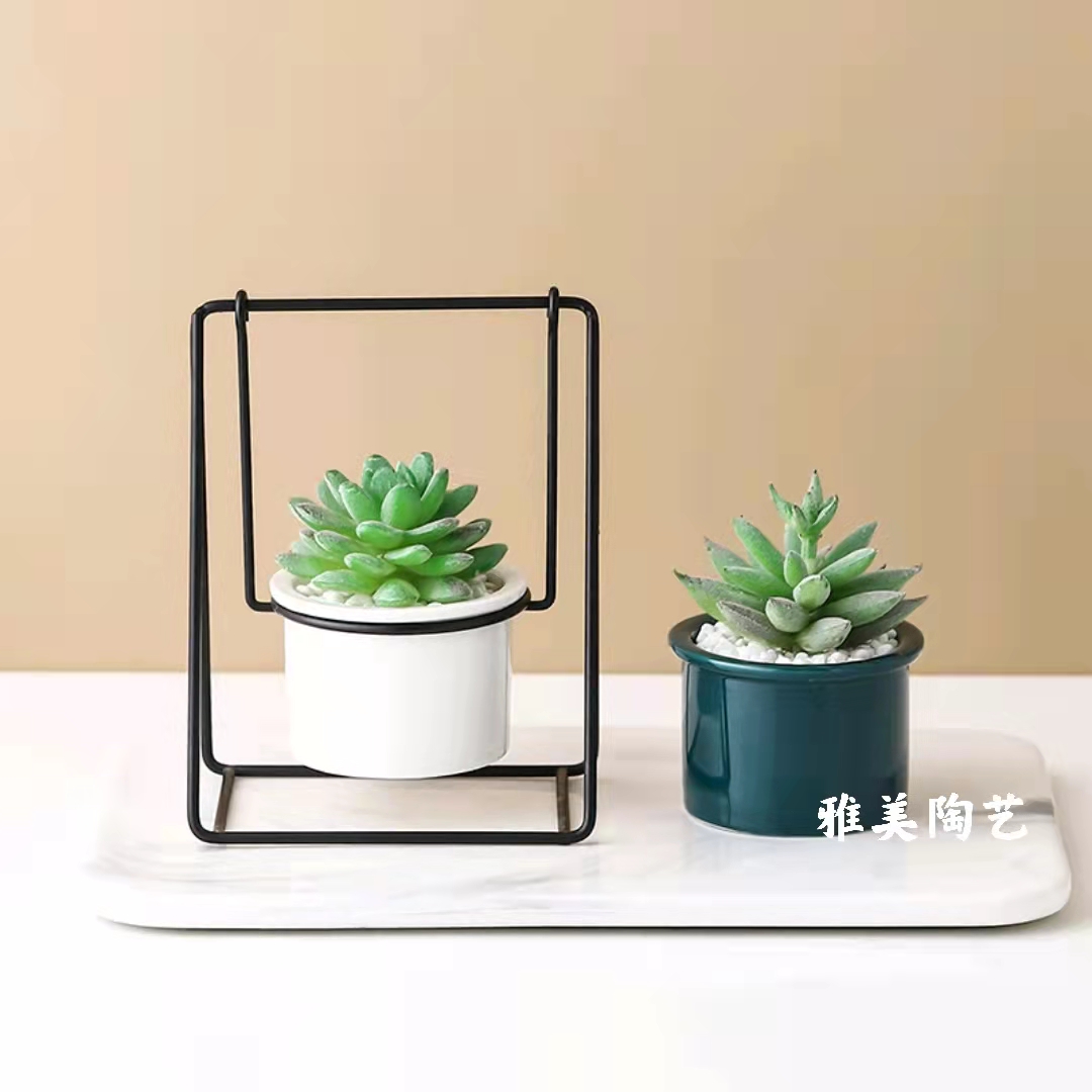 北欧陶瓷简约铁架多肉花盆 陆月镀金色铁艺花盆 客厅电视柜摆件
