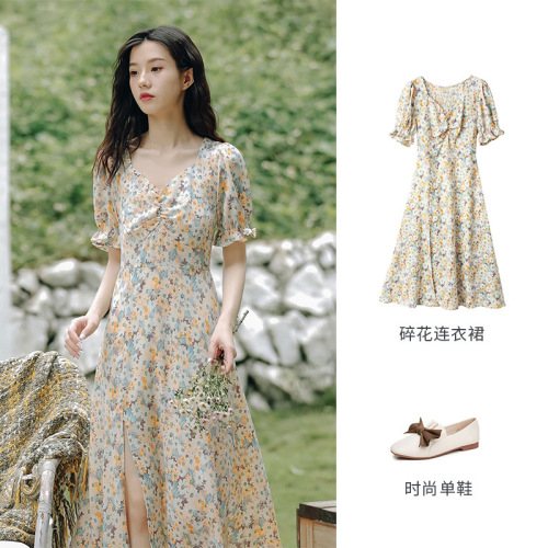 Women‘s Chiffon Floral Dress Summer Gentle Fairy Puff Sleeve Korean Long Dress Thin