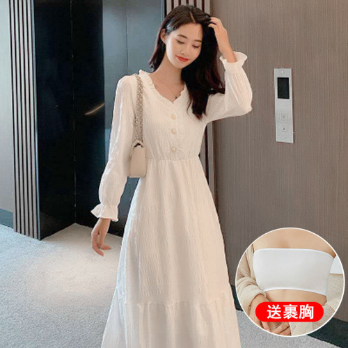 flared sleeve dress slimming waist early autumn white fairy women‘s elegant long dress french skirt