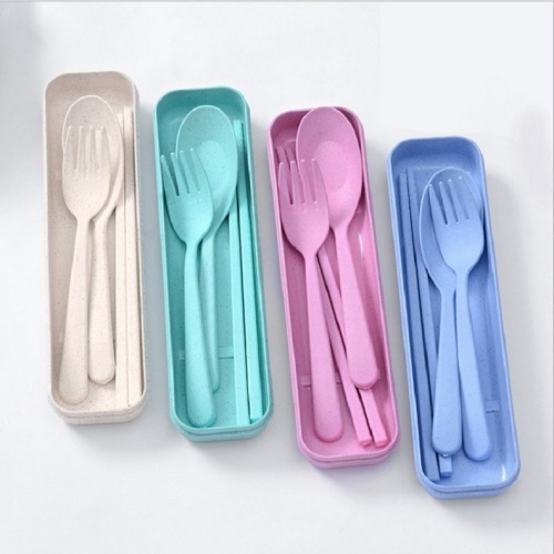 Children‘s Wheat Straw Tableware Spoon Fork Three-Piece Travel Portable Environmental Protection Tableware Set Wholesale