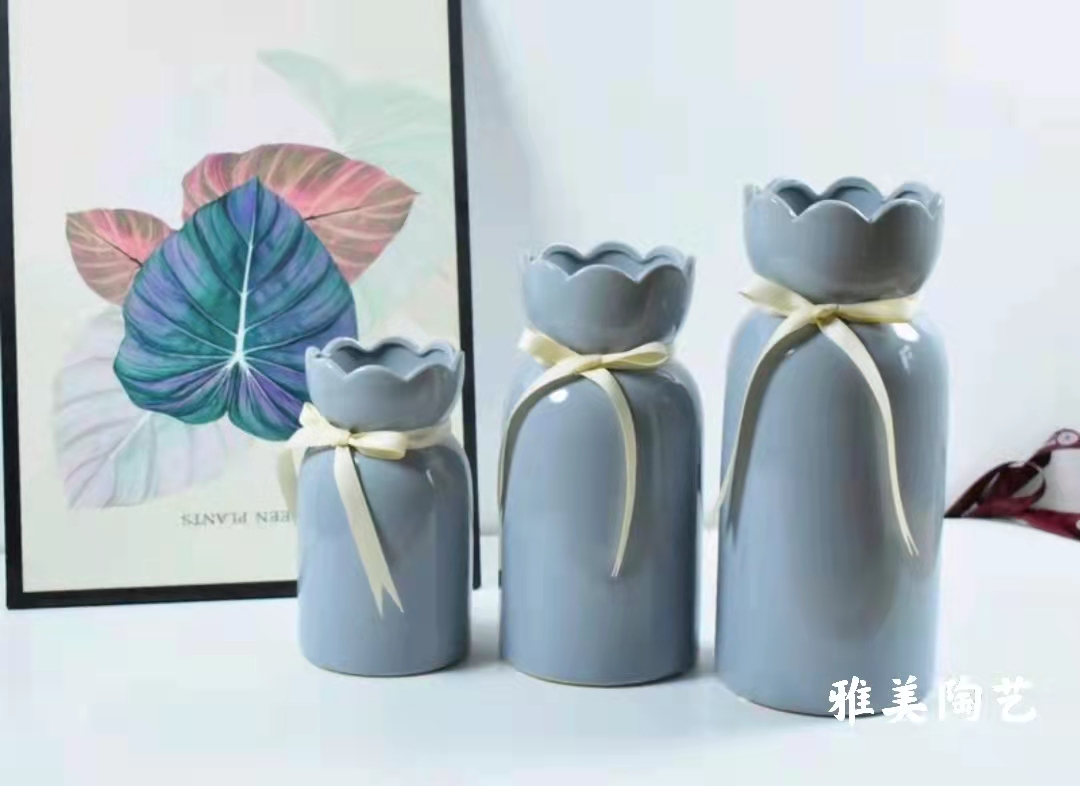 雅美简约现代INS风可储水陶瓷花瓶白粉灰色纹花器花插摆件