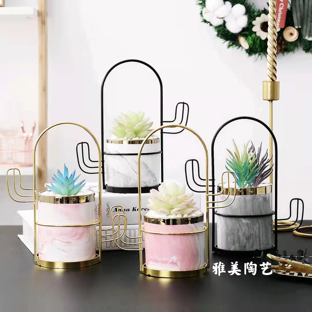 多肉花盆陶瓷花器 电镀大理石纹 创意铁架仿真植物桌面阳台小盆