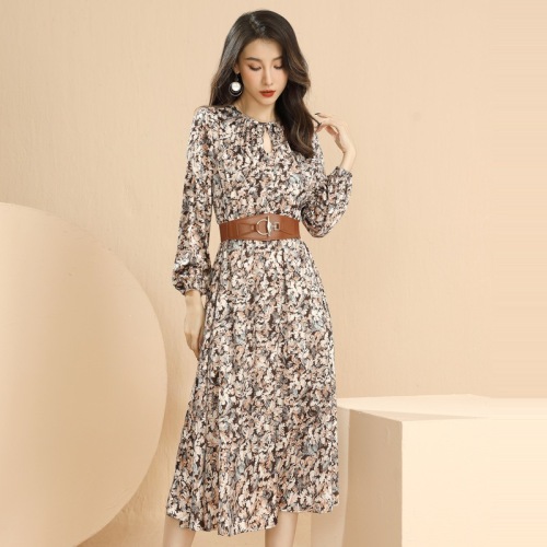 Baizi Retro Elegant Printed Dress Women‘s 2021 Autumn New round Neck Floral Tight Waist Lace-up Dress 91299