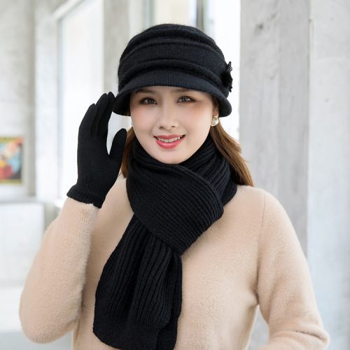 New Winter Mother Hat Female Fleece-Lined Warm Middle-Aged and Elderly Hat Scarf Gloves Set Embroidery Knitted Hat
