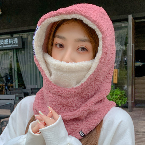 Women‘s Hat Autumn Winter Korean-Style Fashionable Fleece-Lined Warm Wool Hat Outdoor Cycling Cold Protection Ear Protection Lamb Wool One-Piece Hat