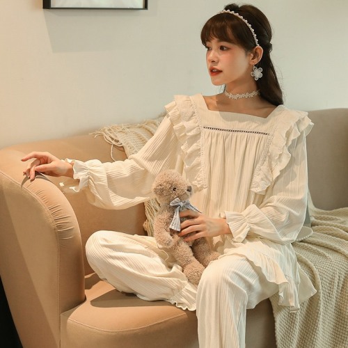 pajamas Women‘s Spring and Autumn Cotton Long Sleeve 2021 New Princess Style Sweet Court Homewear Two-Piece Suit Autumn and Winter