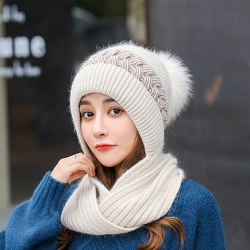 2021 women‘s winter hat korean-style fleece-lined warm twist rabbit fur scarf integrated hat cute lady knitted hat