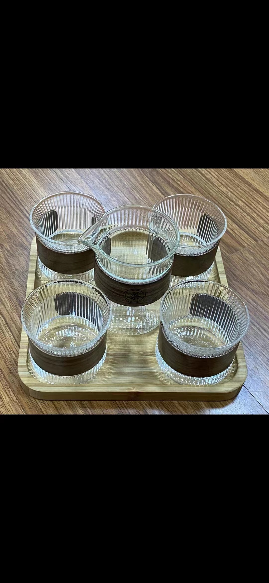 高硼硅茶具套装木柄茶杯耐热玻璃杯竹把杯高硼玻璃杯锤纹鱼鳞杯