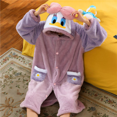 Daisy Duck Donald Duck Nightgown Long Sleeve Autumn and Winter Female Couple Su Cotton Velvet Coral Velvet Thickened Loungewear Suit