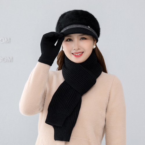 New Winter Mother Hat Female Fleece-Lined Warm Middle-Aged and Elderly Hat Scarf Gloves Set Riding Windproof Versatile