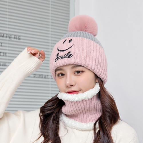 2021 autumn and winter new smiling face logo girl knitted hat fashion cute warm rabbit fur scarf preppy style wool hat