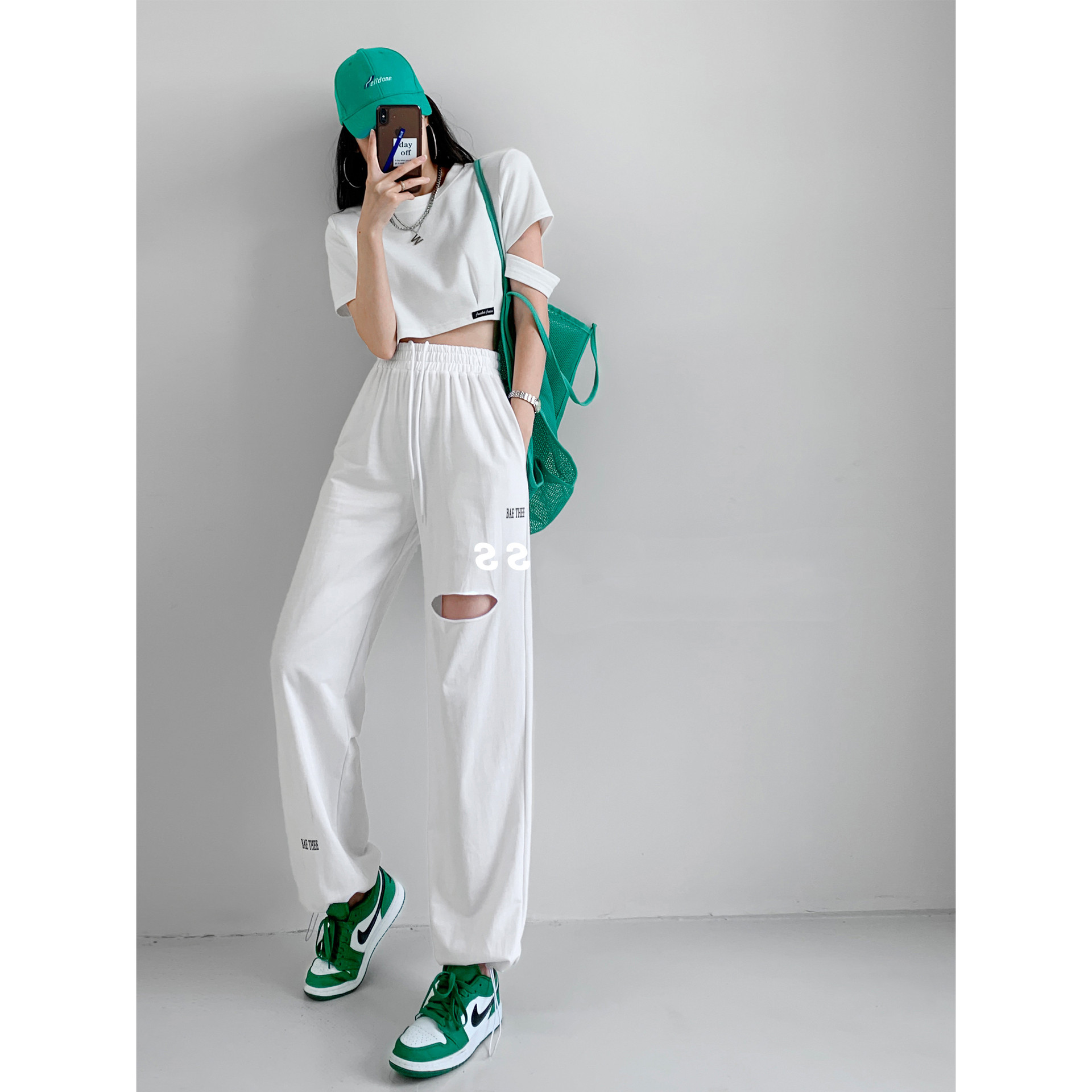 美式酷飒灰色破洞运动裤女春秋薄款宽松束脚裤显瘦直筒抽绳卫裤潮