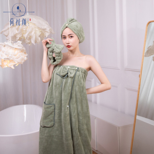 coral velvet bath skirt hair band gift set soft absorbent lint-free bow tube top bath towel hair drying cap customization