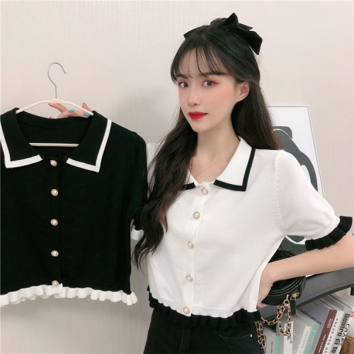 summer internet celebrity doll collar short-sleeved sweater women‘s outer wear contrast color pearl short bm cardigan top