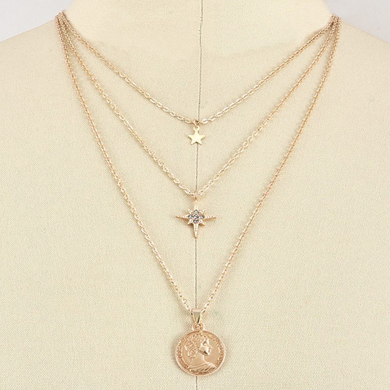 韩国个性镶钻八芒星五角星星几何圆形钱币多层项链 时尚外贸饰品