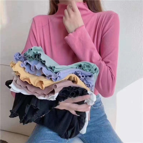 Kitten Diary De Velvet Bottoming Shirt Women‘s Warm Autumn and Winter Slim Fit Wooden Ear All-Match Solid Color Bottoming Shirt Live Hot