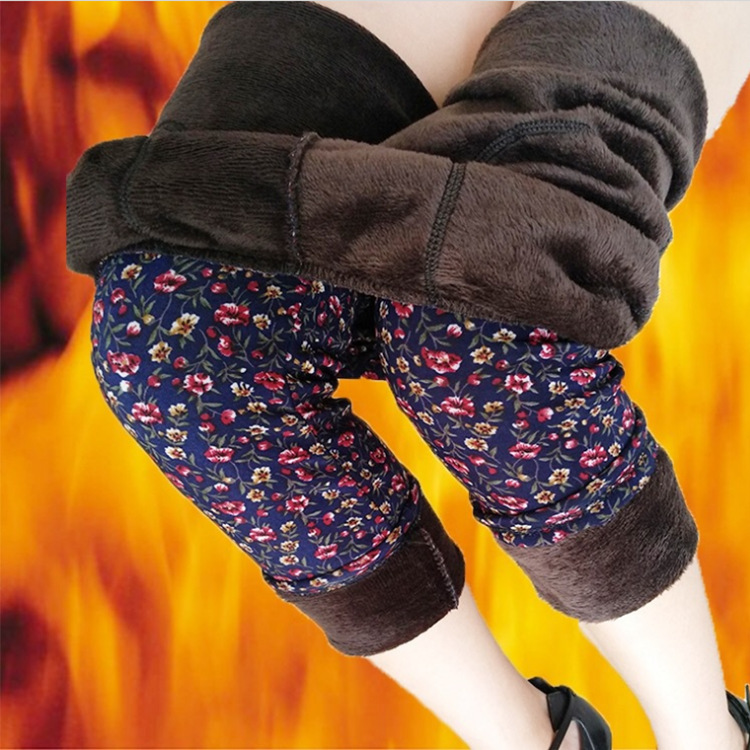 秋冬季印花格子保暖裤加绒加厚不到绒棉裤妈妈中老年打底裤花裤子