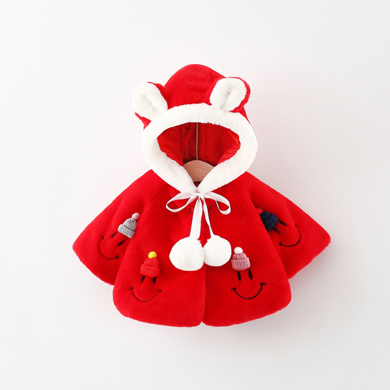 冬季外贸新款四个笑脸毛毛衣披肩外套女童婴幼儿帽衫可爱笑脸外套