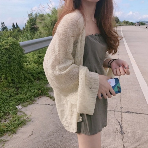 2021 summer sun protection clothing cardigan women‘s versatile slimming retro chic style lazy loose thin long sleeve sweater
