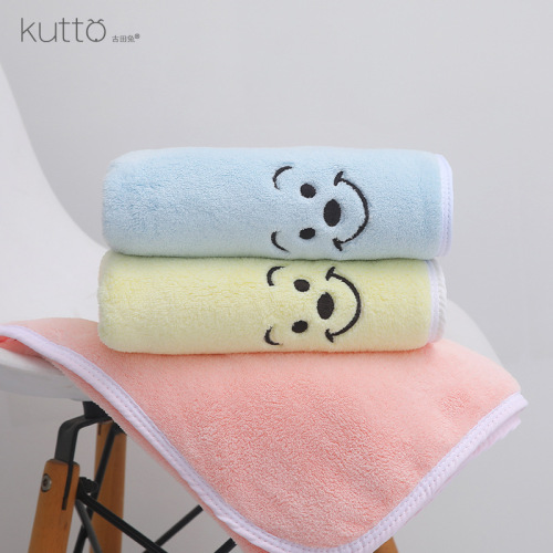 foreign trade smiley face cartoon coral fleece towel warp knitting thickened absorbent adult logo embroidery hand washing towel wholesale