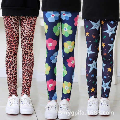 new spring and autumn thin girls leggings milk silk stretch printed trousers medium and large children‘s pants cross-mirror exclusive