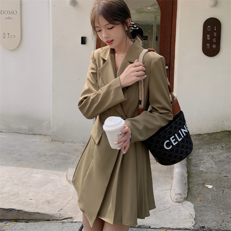 2021秋冬新款西装领复古港风女装Chic气质系带收腰西装百褶连衣裙
