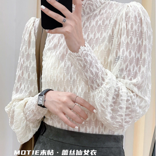 motie end post lace fairy clothing bottoming shirt autumn and winter trendy semi-high collar versatile inner match lantern
