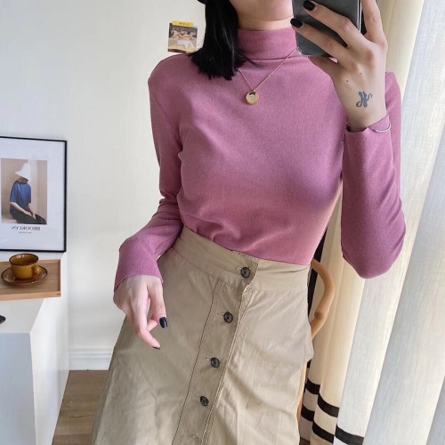 de velvet cationic thickened threaded cotton double-sided brushed semi-high collar elastic knitted heating warm bottoming shirt women