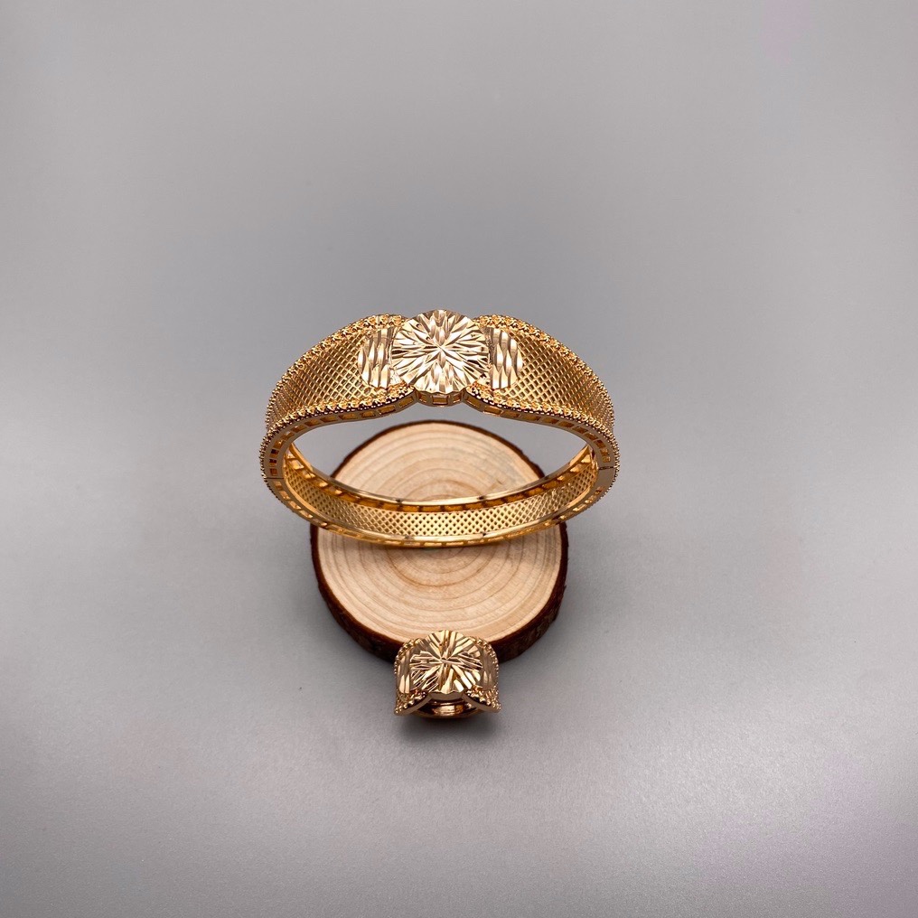 沙金开口镂空手镯戒指套装达意饰品厂中东沙特外贸香槟色电镀18m