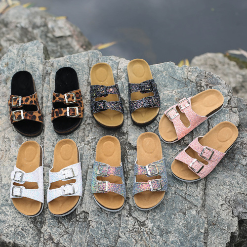 summer trendy shiny piece parent-child children‘s and women‘s double-button flip-flops cork slippers sandals