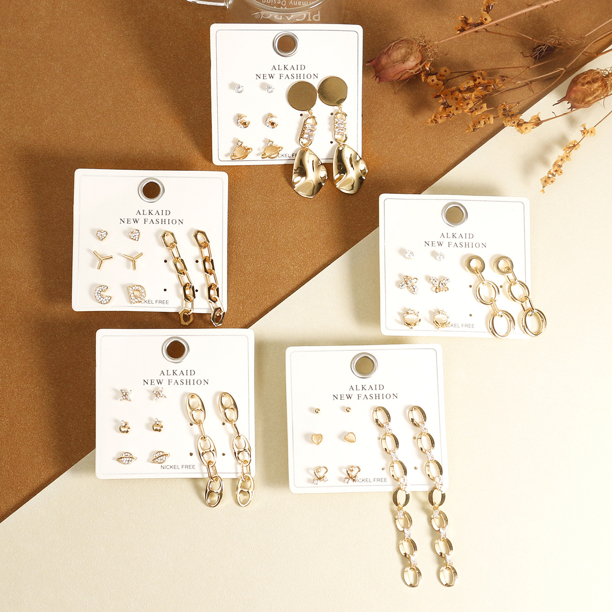 跨境欧美饰品耳钉耳环套装简约镶钻流苏耳坠耳扣长款显瘦组合耳饰