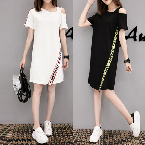 2019 summer new korean style professional versatile off-shoulder dress loose mid-length irregular short sleeve skirt