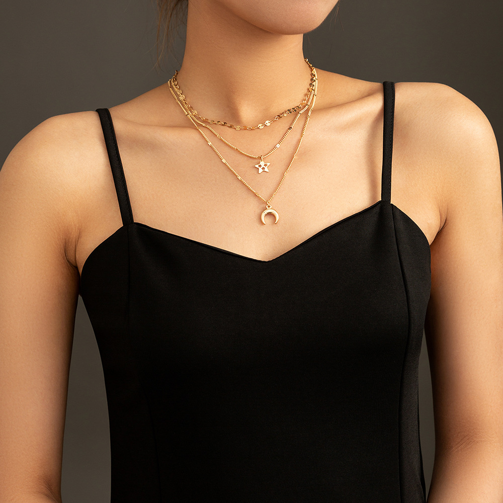 欧美潮流复古时尚星月设计颈链小众复古多层项链饰