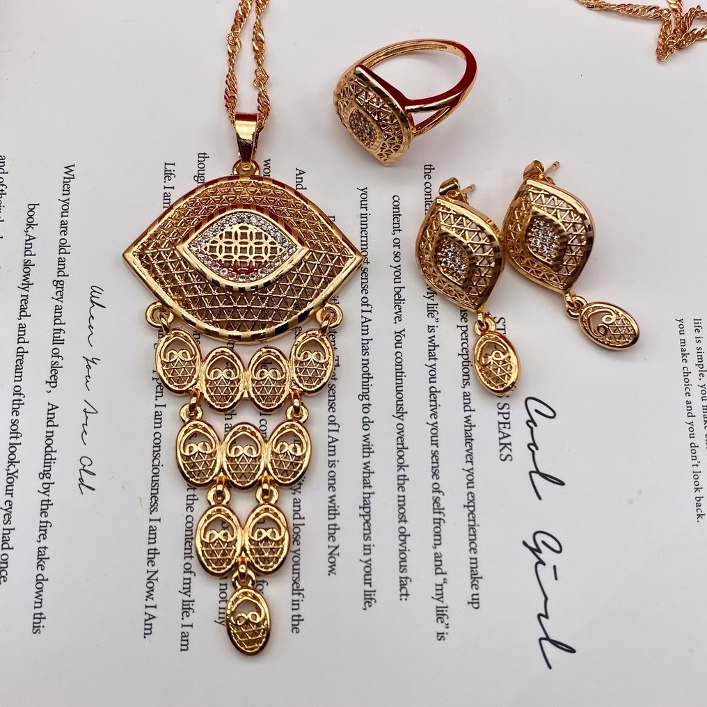 迪拜中东黄铜电镀24K金首饰套装女式结婚项链戒指耳环亚三件套