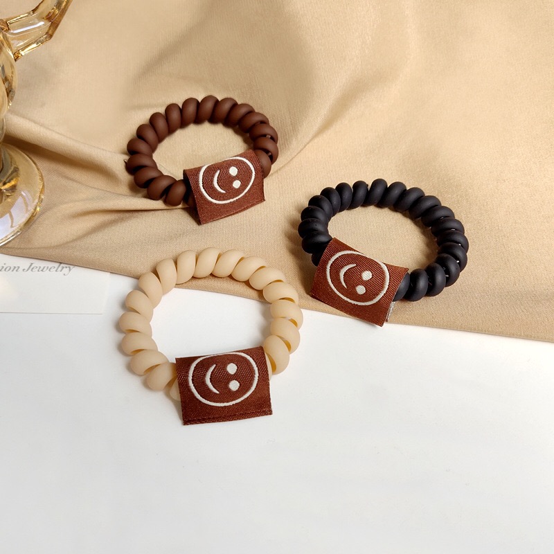 2021韩国ins初秋新款咖色系磨砂笑脸电话线发圈高弹力网红头绳