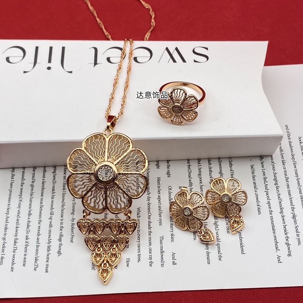 迪拜中东黄铜电镀24K金首饰套装女式结婚项链戒指耳环亚三件套