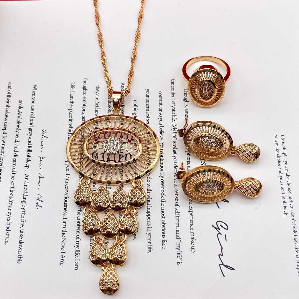 迪拜中东黄铜电镀24K金首饰套装女式结婚项链戒指耳环亚三件套