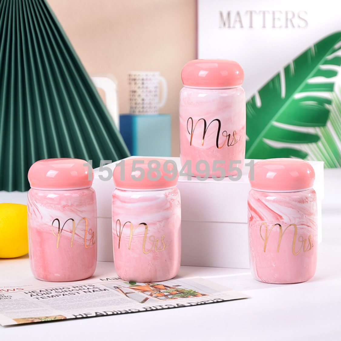 粉红色陶瓷杯马克杯带盖大理石陶瓷水杯