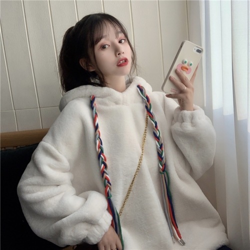 2021 lamb wool hooded sweater women‘s korean style autumn and winter padded fleece jacket lazy style loose korean style all-match