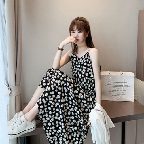 2021 Little Daisy Floral Chiffon Dress Fairy Slimming Skirt Super Mori French Strap Girls‘ Dress