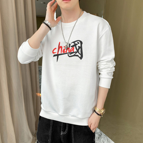 2021 Autumn and Winter New Men‘s Youth Korean Ins National Fashion round Neck Print Long Sleeves T-shirt Bottoming Shirt Men‘s Clothing