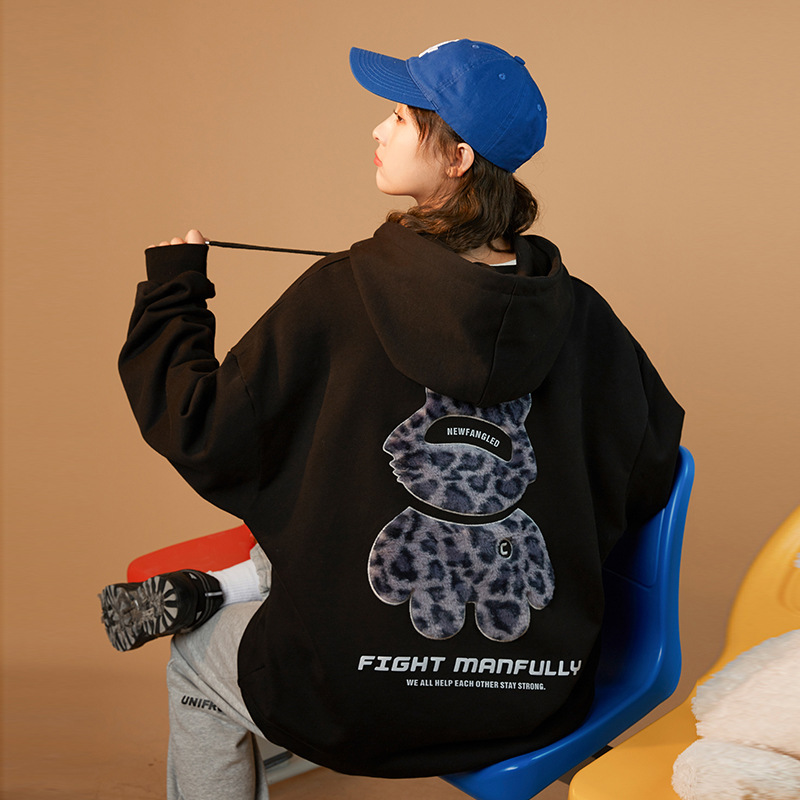 2021秋冬新款ins潮牌连帽卫衣女植绒暴力熊反光印花外套