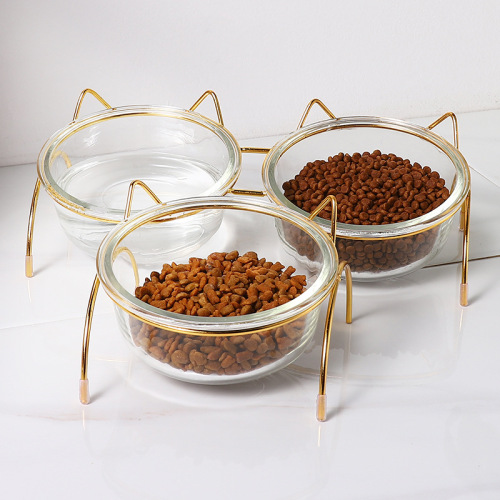 cat bowl glass high-legged cat bowl oblique mouth cervical spine protection drinking water cat food bowl transparent dog pet easy to clean double bowl
