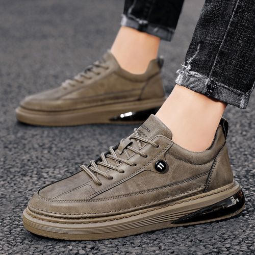 Autumn Mid-Top Board Shoes Leather Men‘s White Shoes Thick-Soled Sports Casual Men‘s Shoes Khaki Trendy