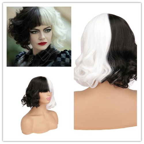 amazon new european and american women‘s cos wig black and white witch kuila cruella short curly hair factory wholesale