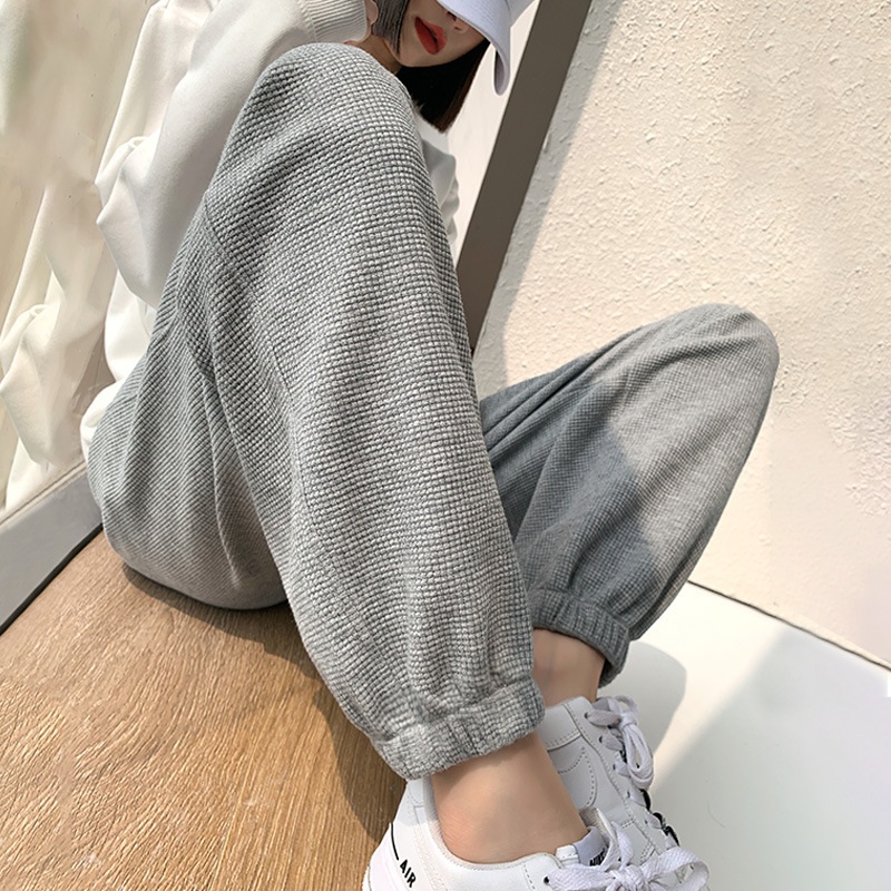 华夫格运动裤女宽松束脚裤子2021春秋季高腰灰色网格裤子休闲卫裤