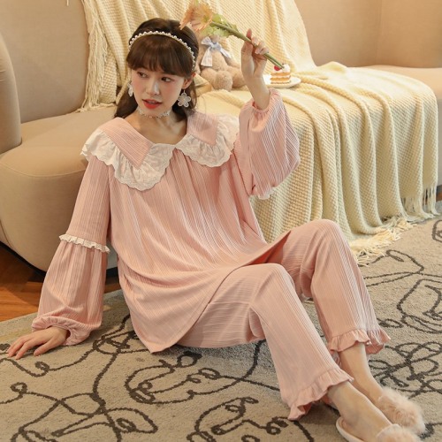 pajamas women‘s autumn and winter knitted cotton long sleeve princess style doll collar sweet outerwear home wear cross-border exclusive